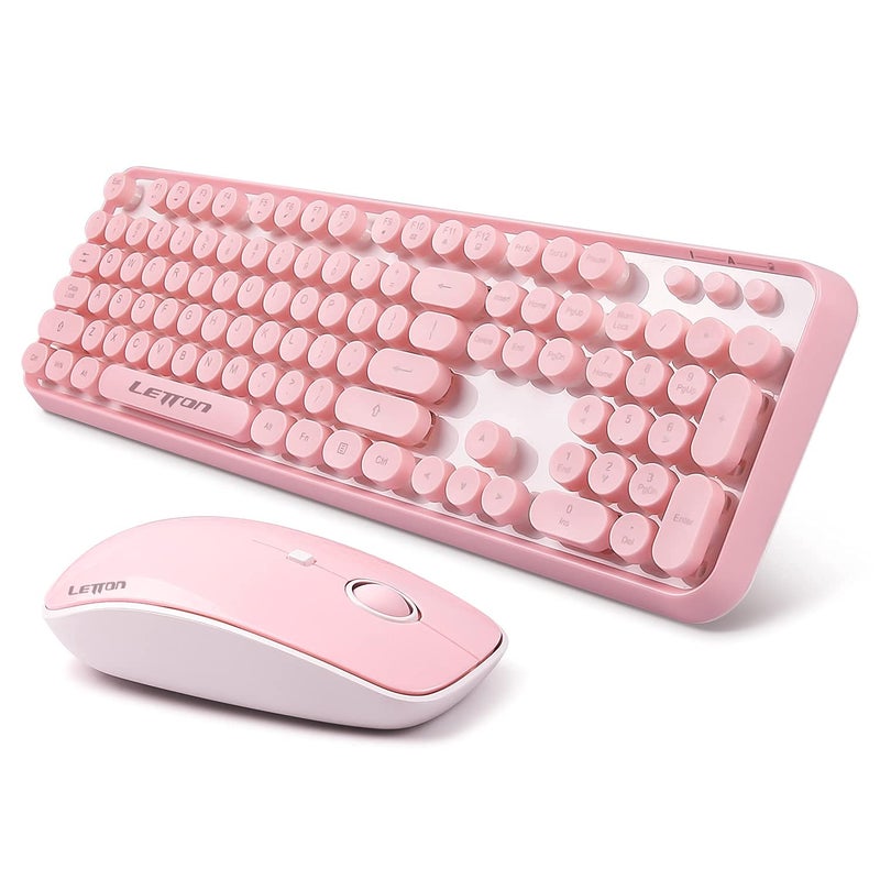 Letton Pink Wireless Keyboard and Mouse Combo, Retro Typewriter Style Cute Bubble Keyboard with Round Keycaps, 2.4GHz Full Size Creamy Keyboard&Mouse with 3 DPI for Long Nails for PC Laptop Desktop Computer - Image 1